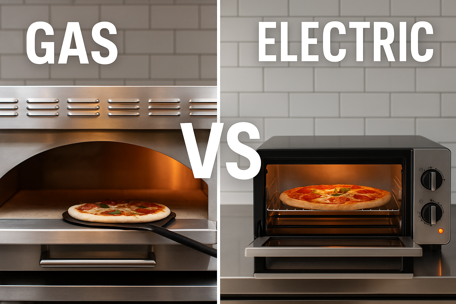 side-by-side view of a gas and electric commercial pizza oven in a kitchen, each baking a pizza to compare their performance