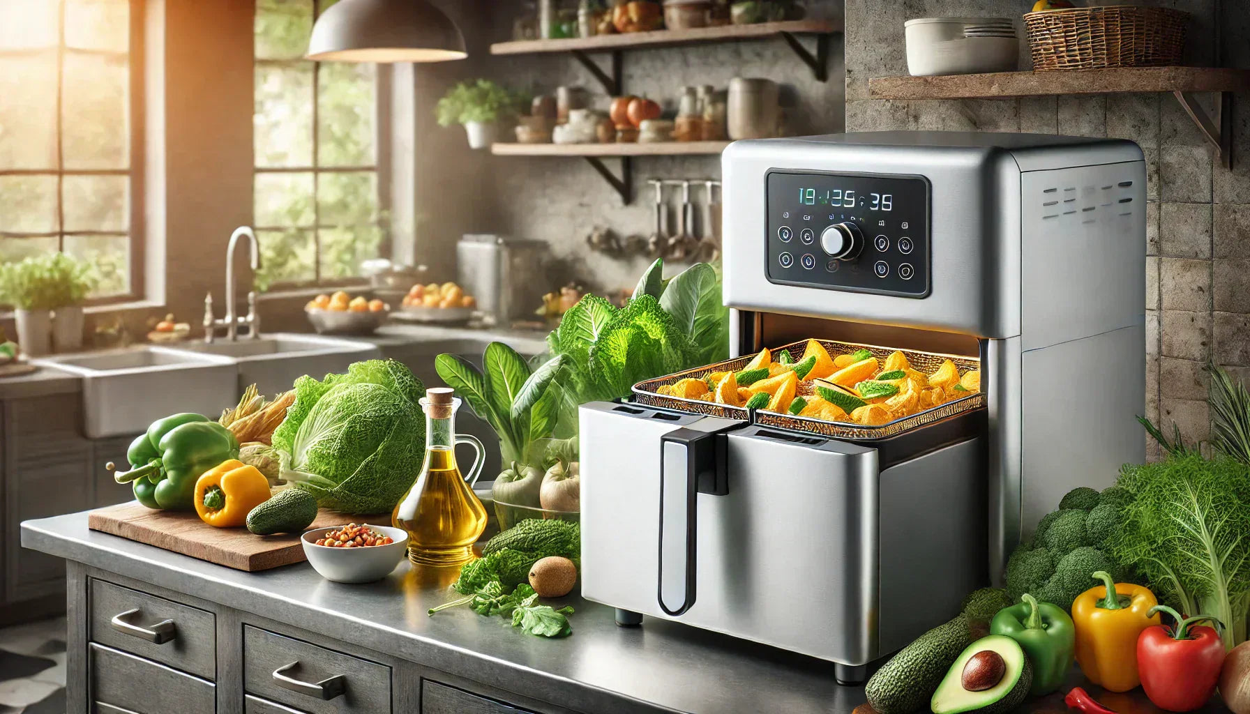 Professional kitchen with a commercial air fryer cooking a heart-healthy meal, emphasizing nutrition and heart wellness