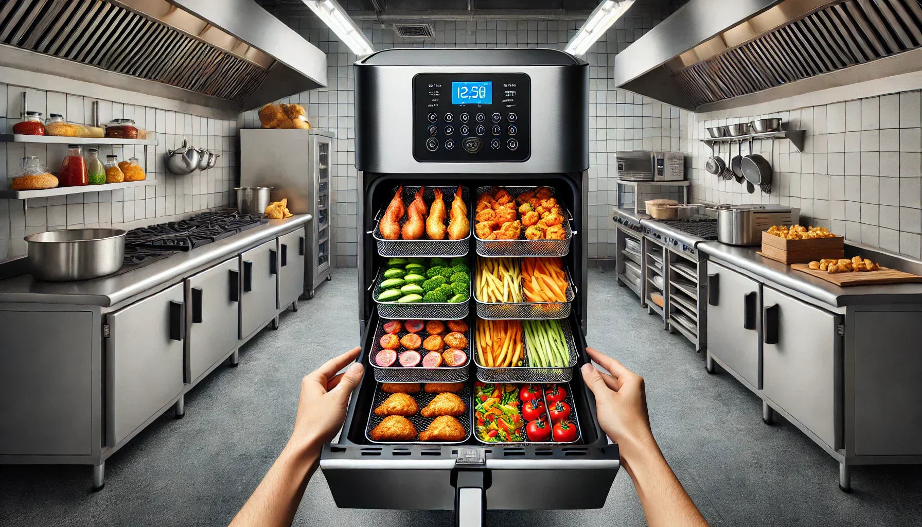 wide-angle view of a professional commercial kitchen with chefs preparing food, featuring a chef using a large commercial air fryer in the foreground