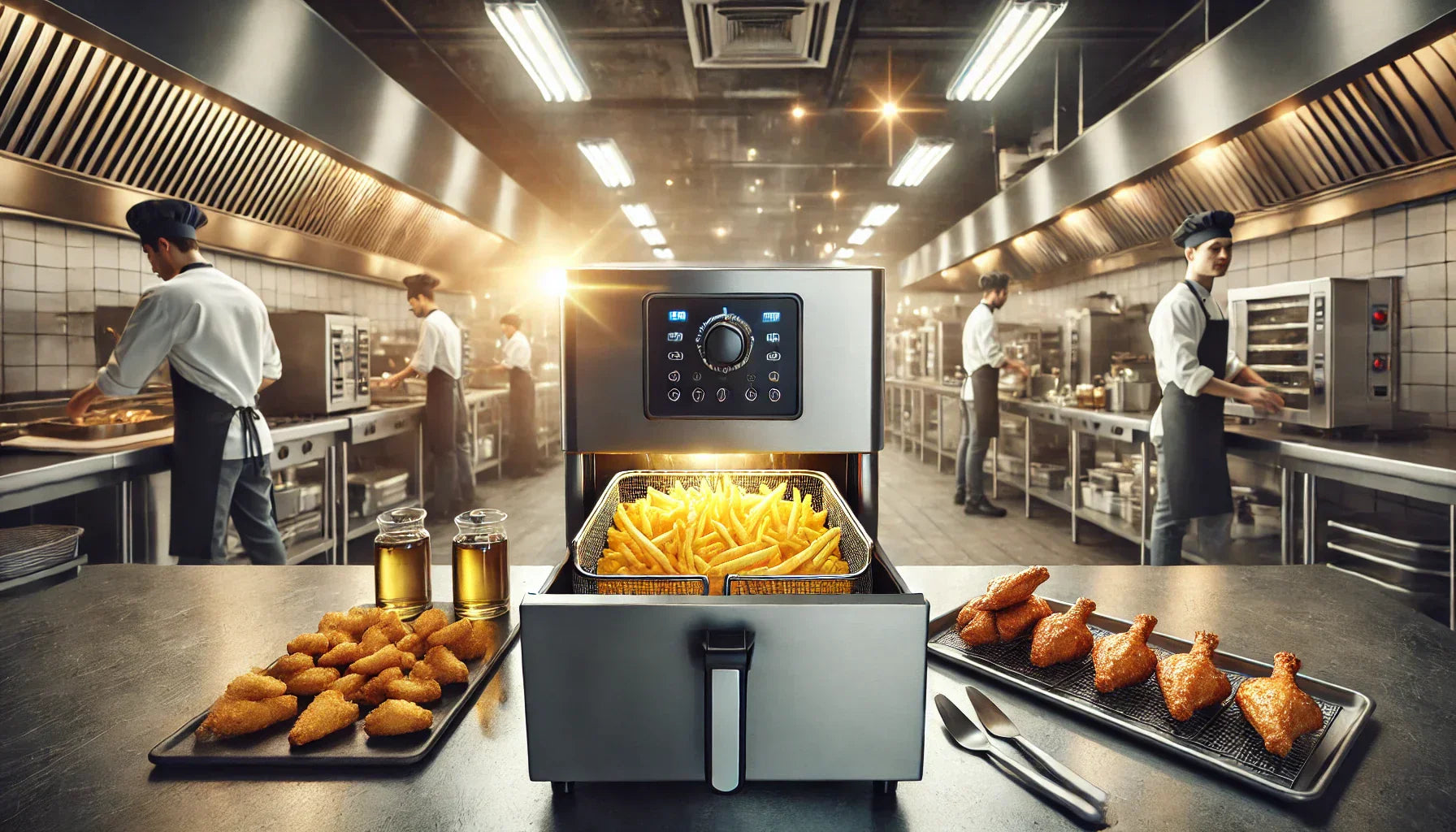 wide-angle view of a professional commercial kitchen with chefs preparing food, featuring a commercial air fryer in use with crispy fries and chicken wings inside