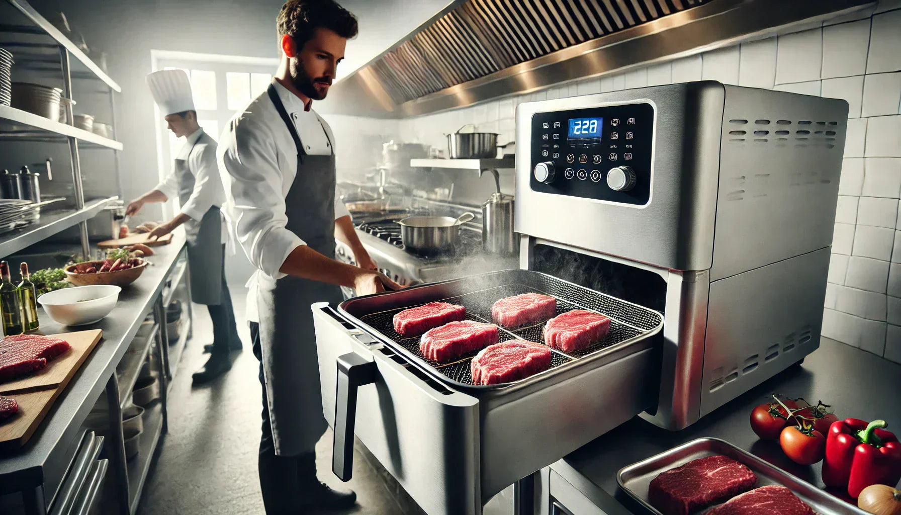 professional kitchen with a commercial air fryer in the foreground, as a chef places raw steaks inside while another chef preps ingredients in a clean, well-lit workspace