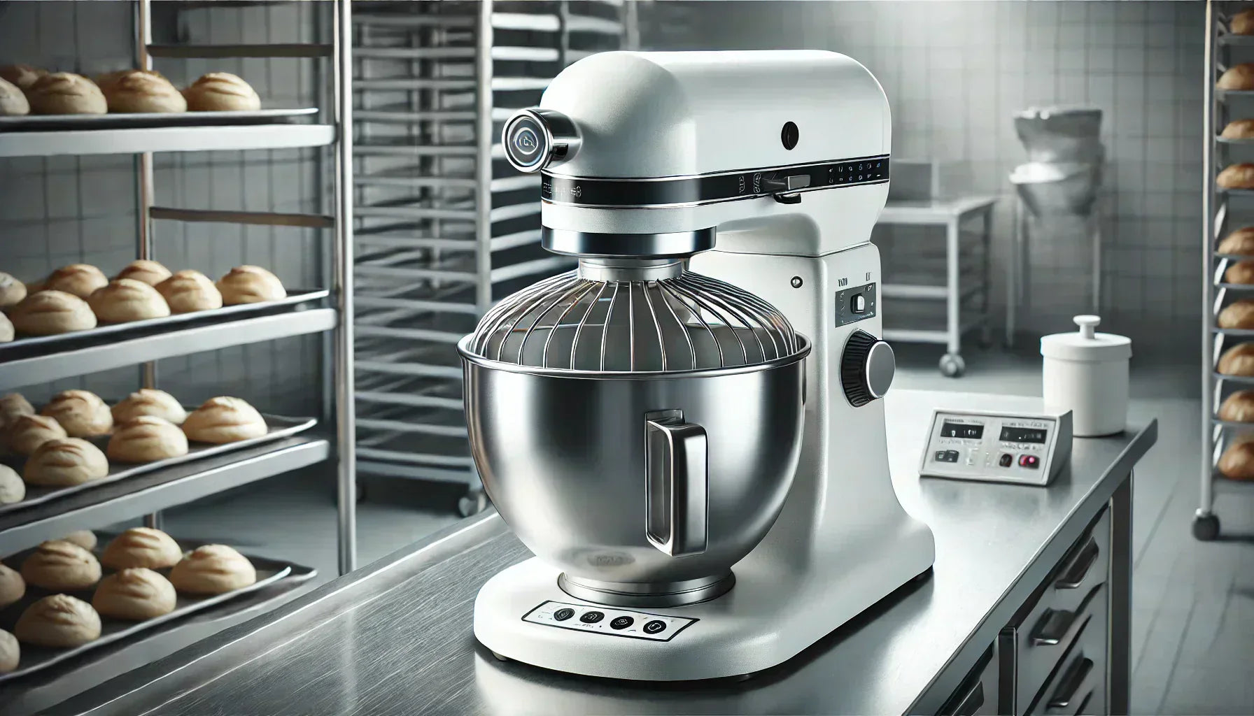 commercial spiral mixer with a white body, stainless steel bowl, and an external protective wire guard covering the top half, placed in a professional bakery with racks of dough, stainless steel countertops, and baking tools in the background.