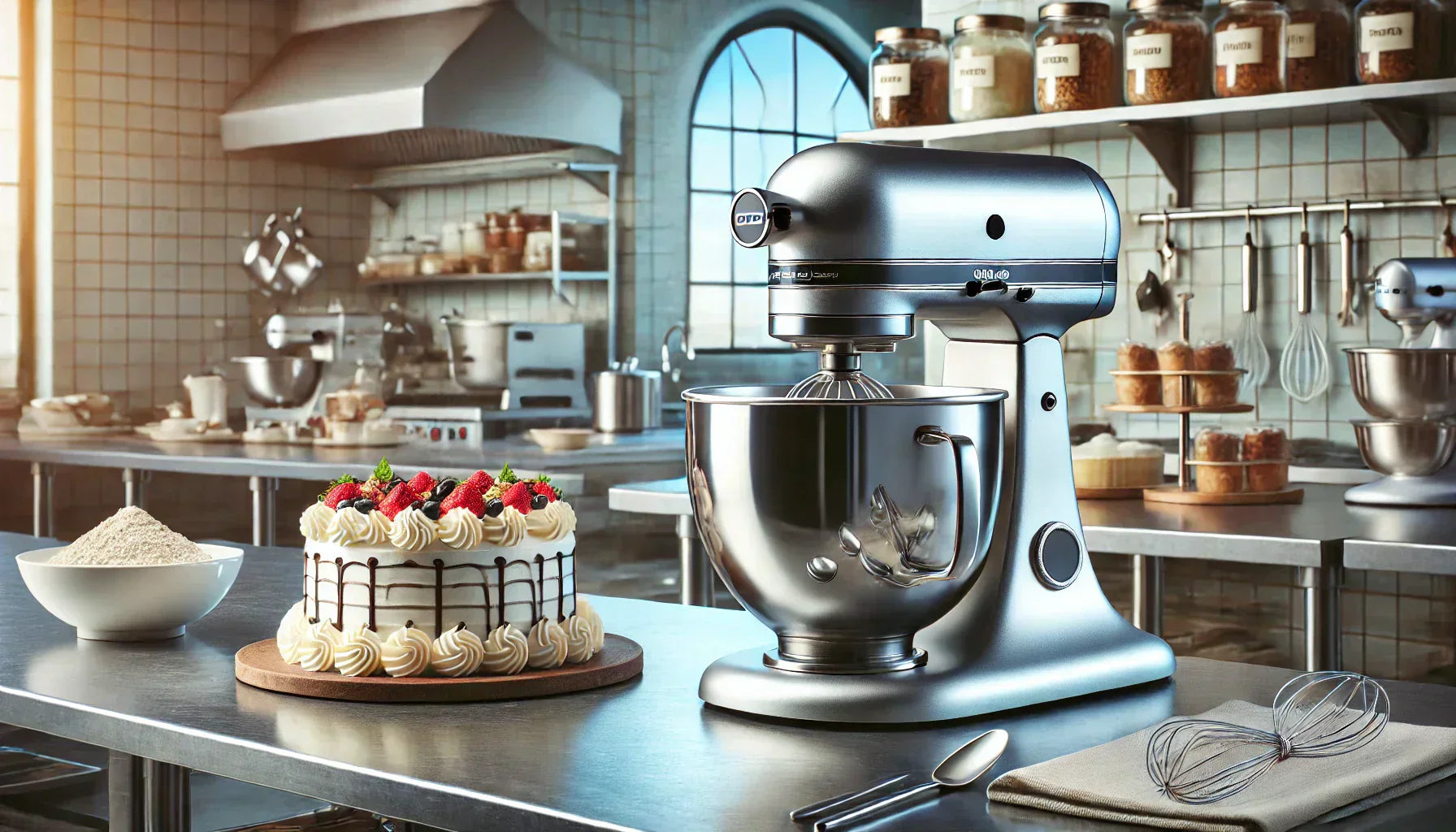 commercial stand mixer on a stainless steel countertop beside a beautifully decorated cake with frosting, fresh berries, and chocolate drizzle, in a well-lit kitchen with an open window showing a bright blue sky