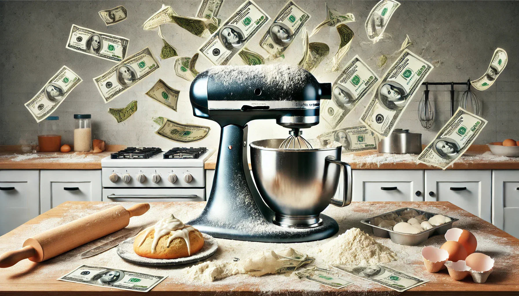 stand mixer on a messy kitchen countertop surrounded by dollar signs and money, symbolizing its high cost and the cleanup challenges it brings