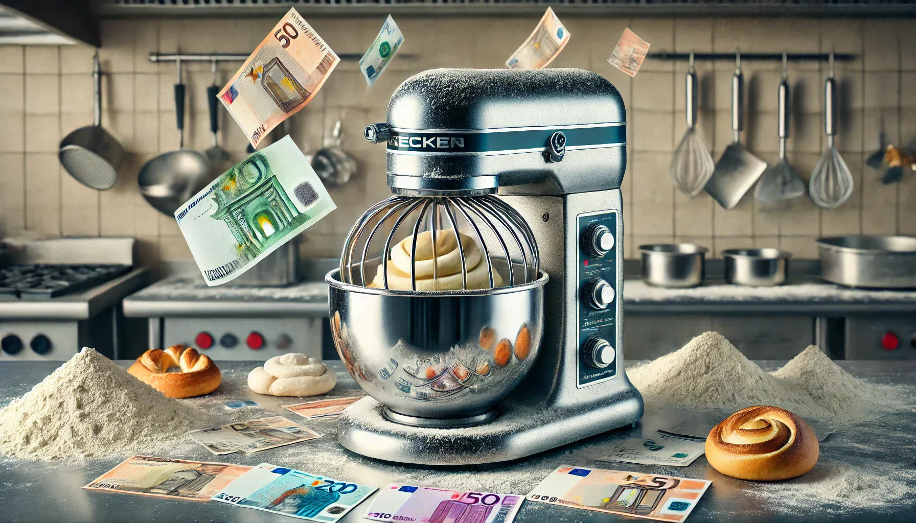spiral mixer placed in a professional kitchen, surrounded by various international currency bills and a messy countertop with flour and dough residue, emphasizing its high cost and cleaning challenges
