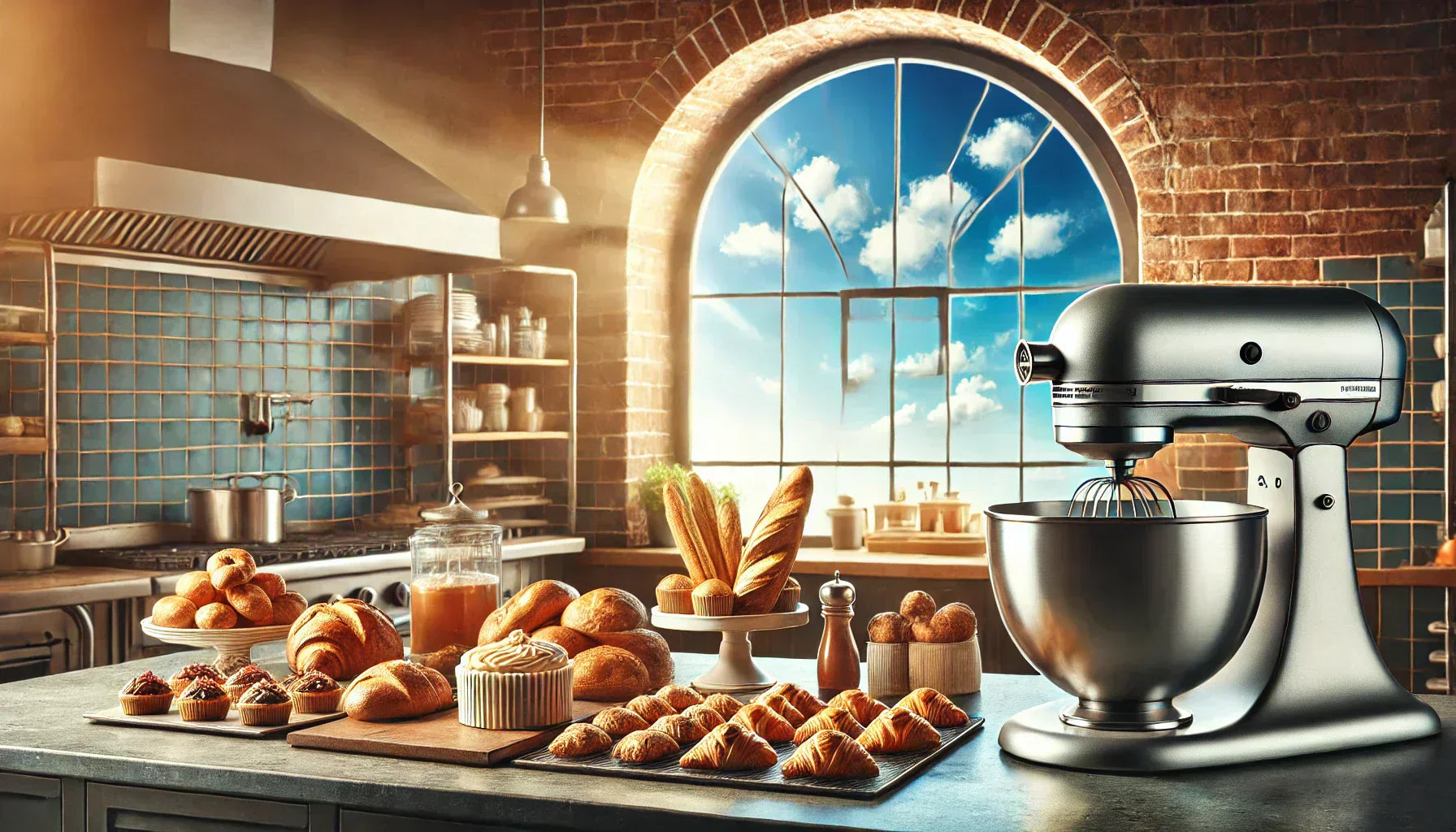 professional commercial kitchen with an open window showing a bright blue sky, a countertop filled with fresh baked goods, and a commercial mixer prominently displayed. Sunlight enhances the warm, inviting baking atmosphere