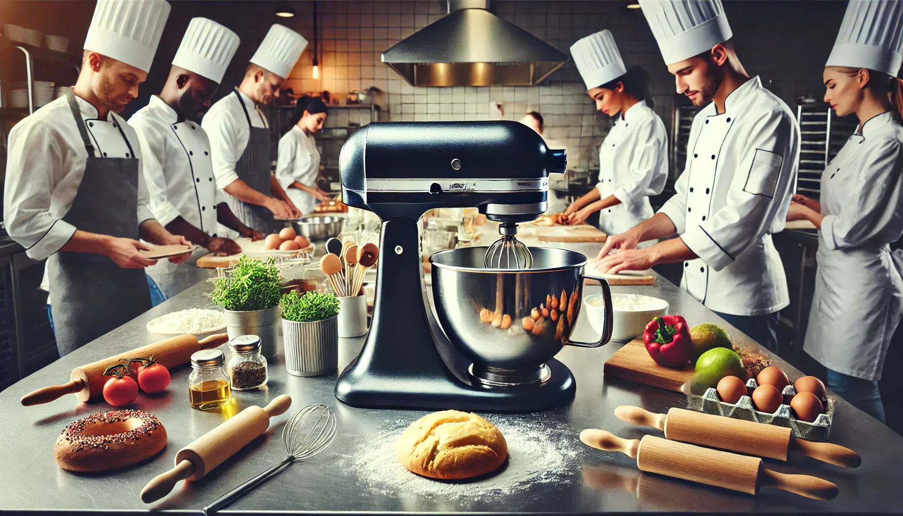 professional commercial kitchen with a team of chefs working together, a stand mixer kneading dough on a stainless steel countertop, and various baking tools and ingredients neatly arranged