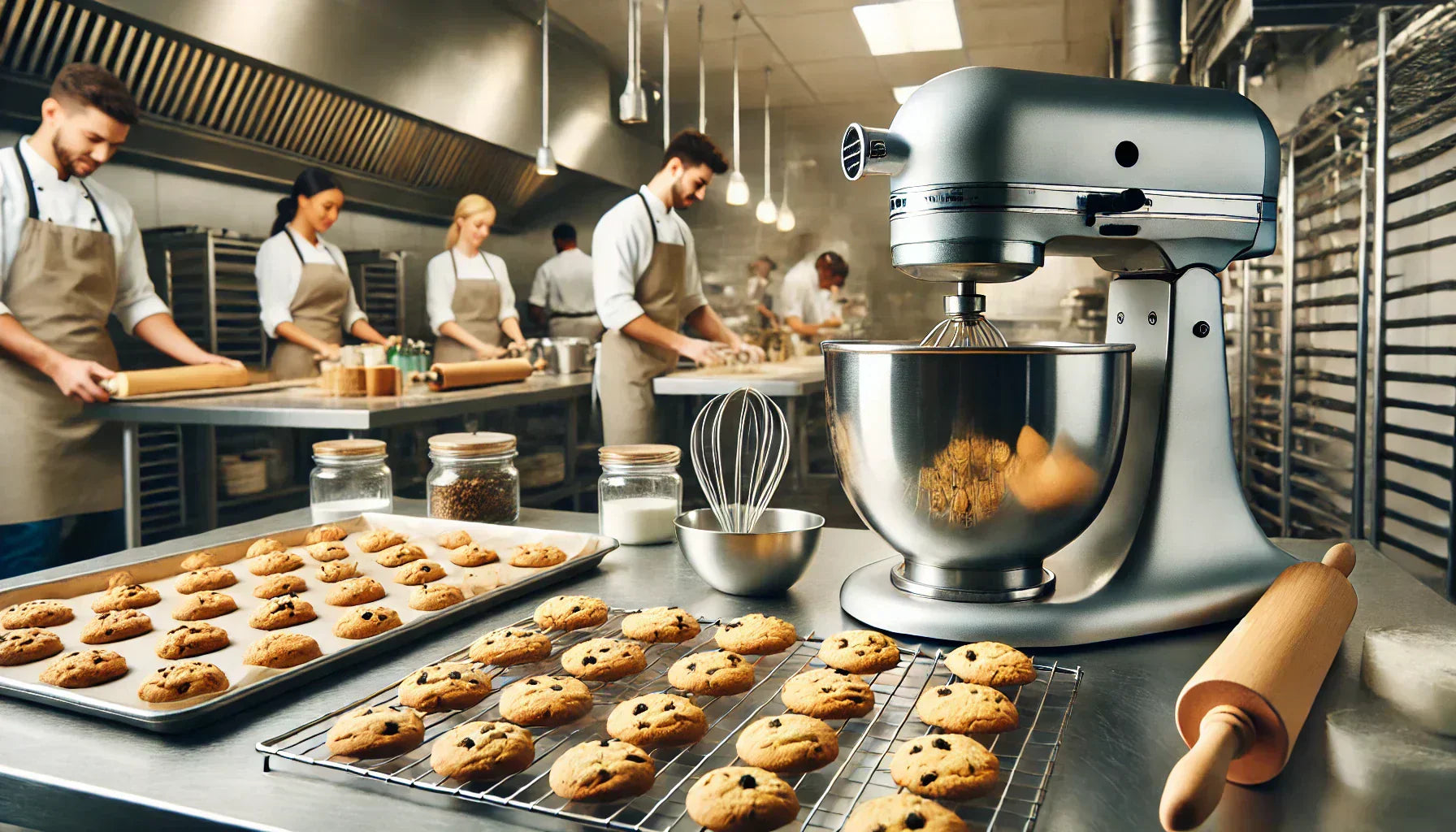 professional commercial kitchen with a commercial mixer mixing cookie dough, freshly baked cookies cooling on a rack, and bakers preparing ingredients in a well-lit, efficient workspace